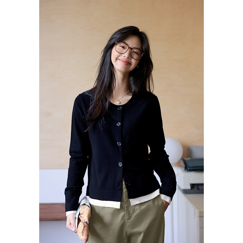 弥古复古长袖针织衫上衣女设计感撞色开衫春季薄款毛衣外套高级感