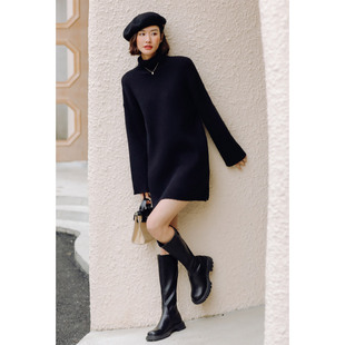 弥古黑色高领打底毛衣裙秋冬内搭针织连衣裙女小个子直筒开叉短裙