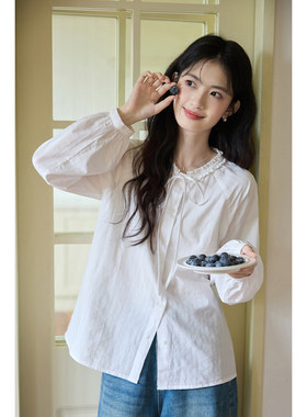 弥古白色法式蝴蝶结衬衫上衣女新款秋冬叠穿内搭长袖纯棉打底衬衣