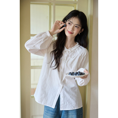 弥古2025秋季新款法式泡泡袖衬衫上衣女高级感蝴蝶结白色长袖衬衣