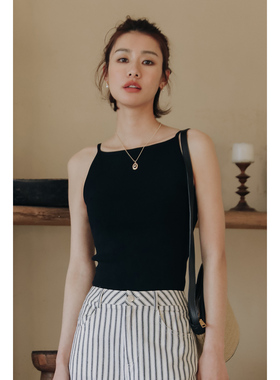 弥古黑色针织吊带背心女内搭春秋叠穿法式一字领打底无袖短款上衣