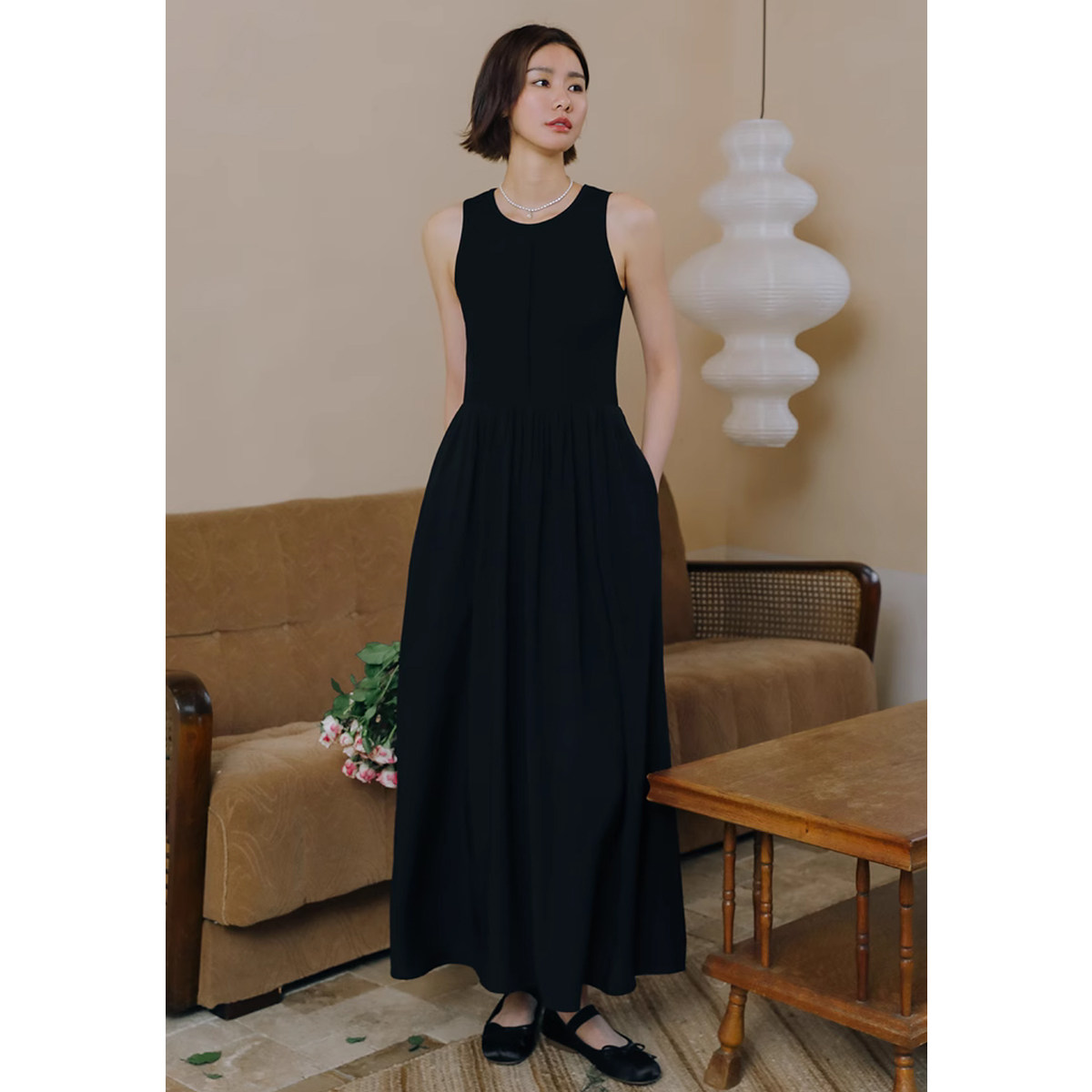 弥古黑色连衣裙法式无袖背心裙女秋冬内搭修身吊带小黑裙打底长裙