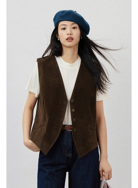 弥古复古v领鹿皮绒马甲外套女秋冬叠穿宽松美拉德咖色马夹背心