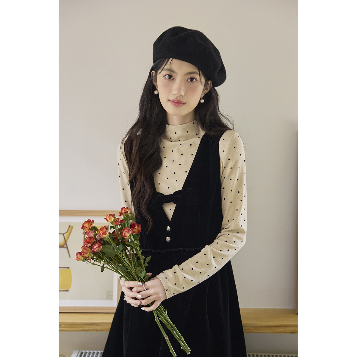 弥古法式波点长袖t恤女显瘦高领打底衫春季修身薄款针织内搭上衣