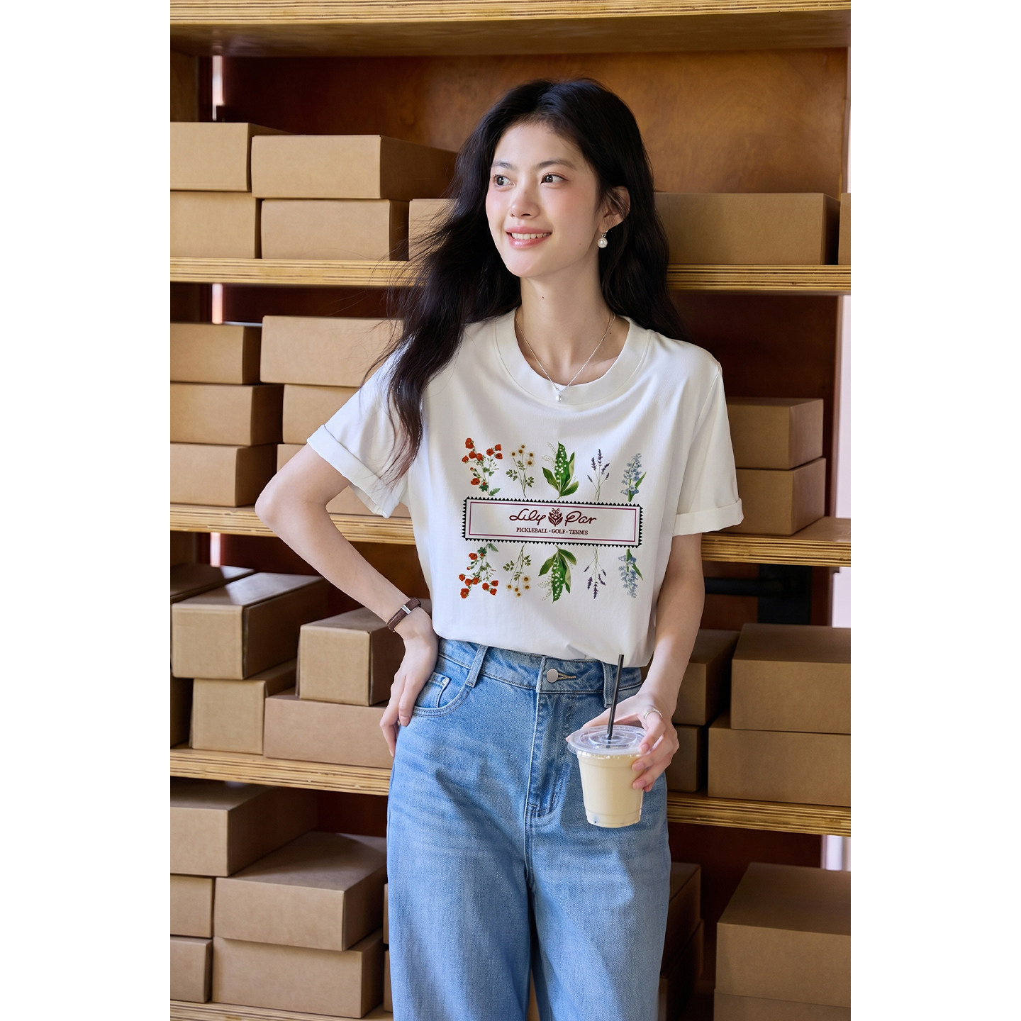 弥古白色正肩印花t恤女高级感通勤女装2026夏季新款宽松短袖上衣