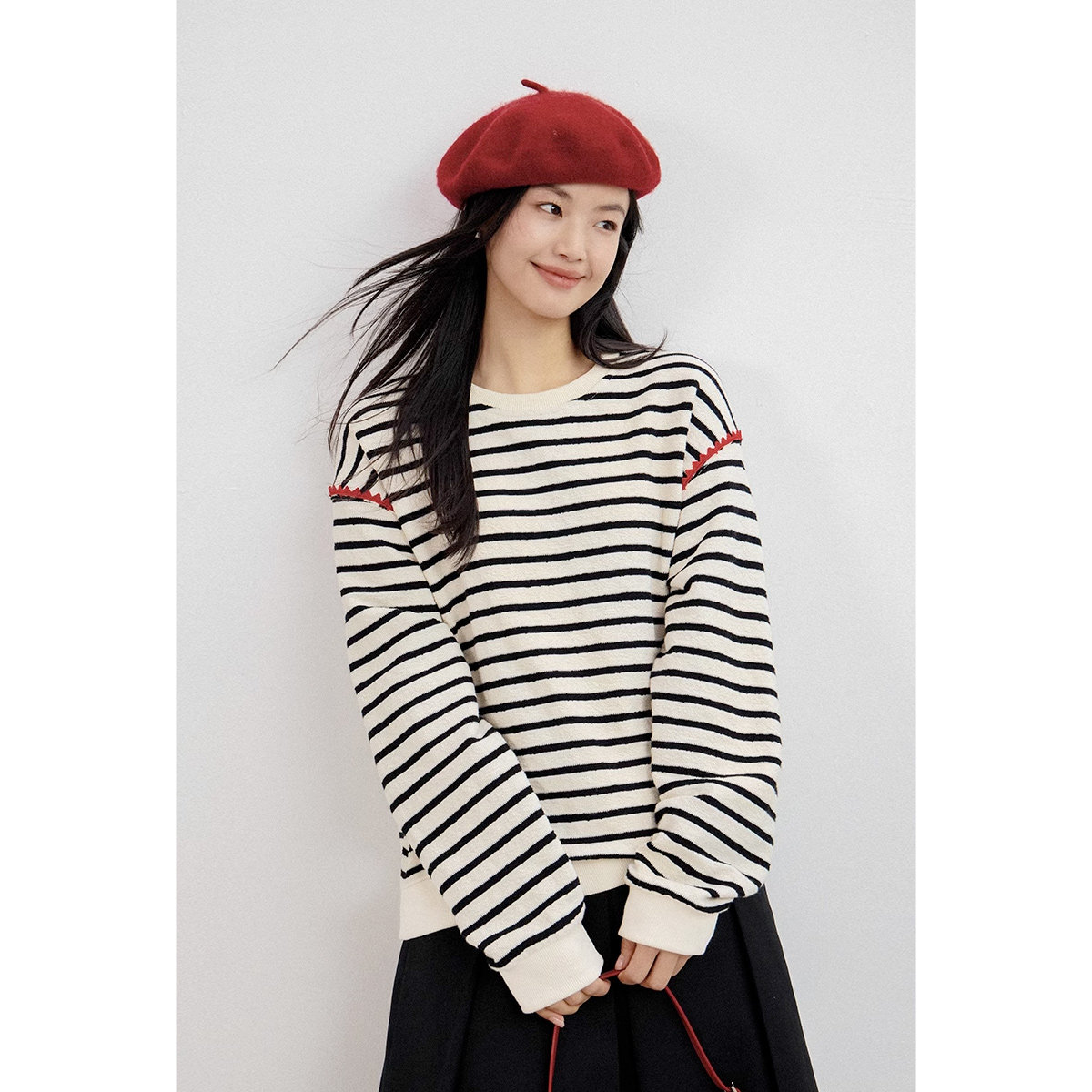 弥古条纹卫衣t恤女士松弛感纯棉长袖春秋落肩宽松慵懒风针织上衣