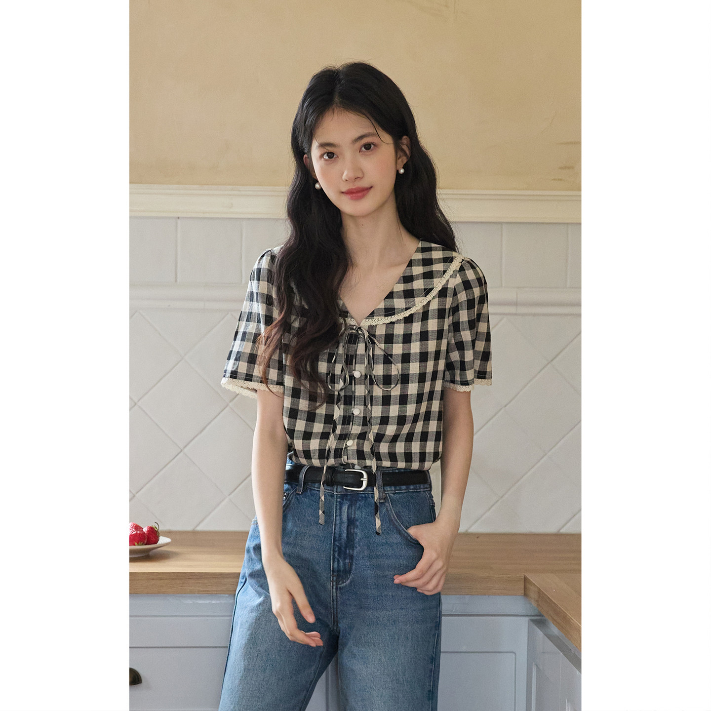弥古短袖复古格子亚麻衬衫女蕾丝花边娃娃领上衣2026夏季新款衬衣