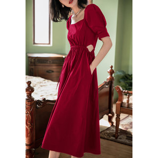 弥古法式方领复古红色连衣裙女夏设计感露腰裙子小红裙礼服订婚裙