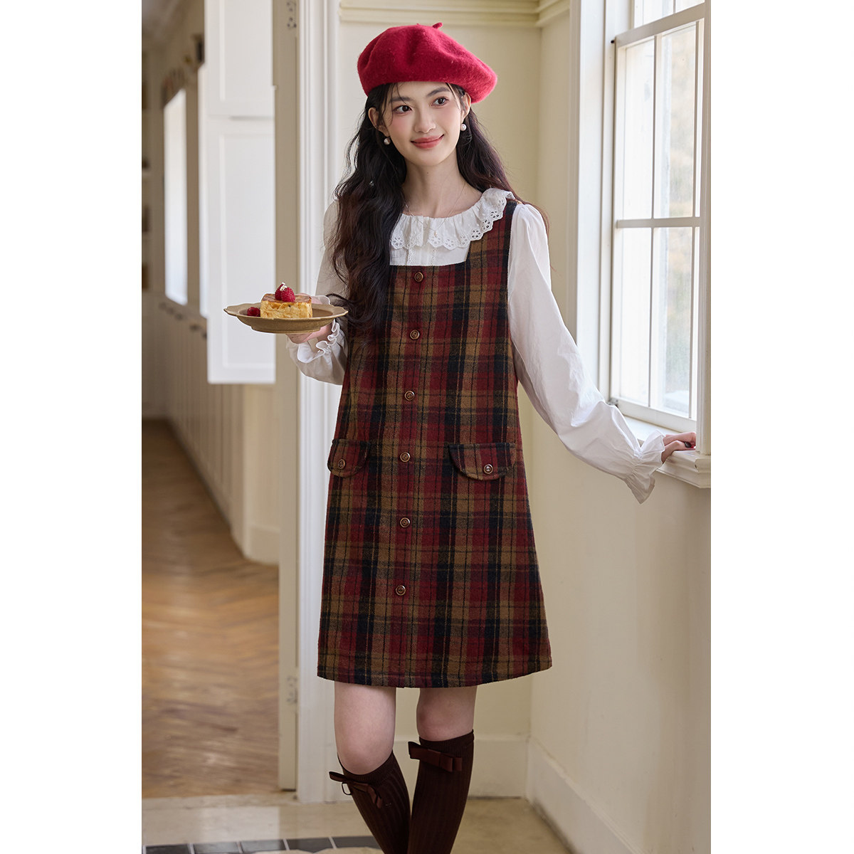 弥古红色格子背心裙女小个子无袖连衣裙2025年秋冬复古马甲裙短裙