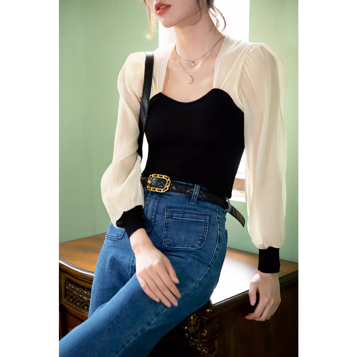 法式网纱拼接长袖t恤方领针织衫