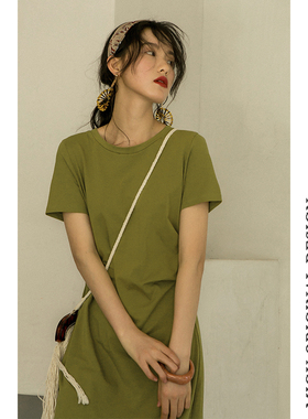 弥古绿色海边度假连衣裙女夏季显瘦沙滩裙短袖懒人t恤裙直筒裙子