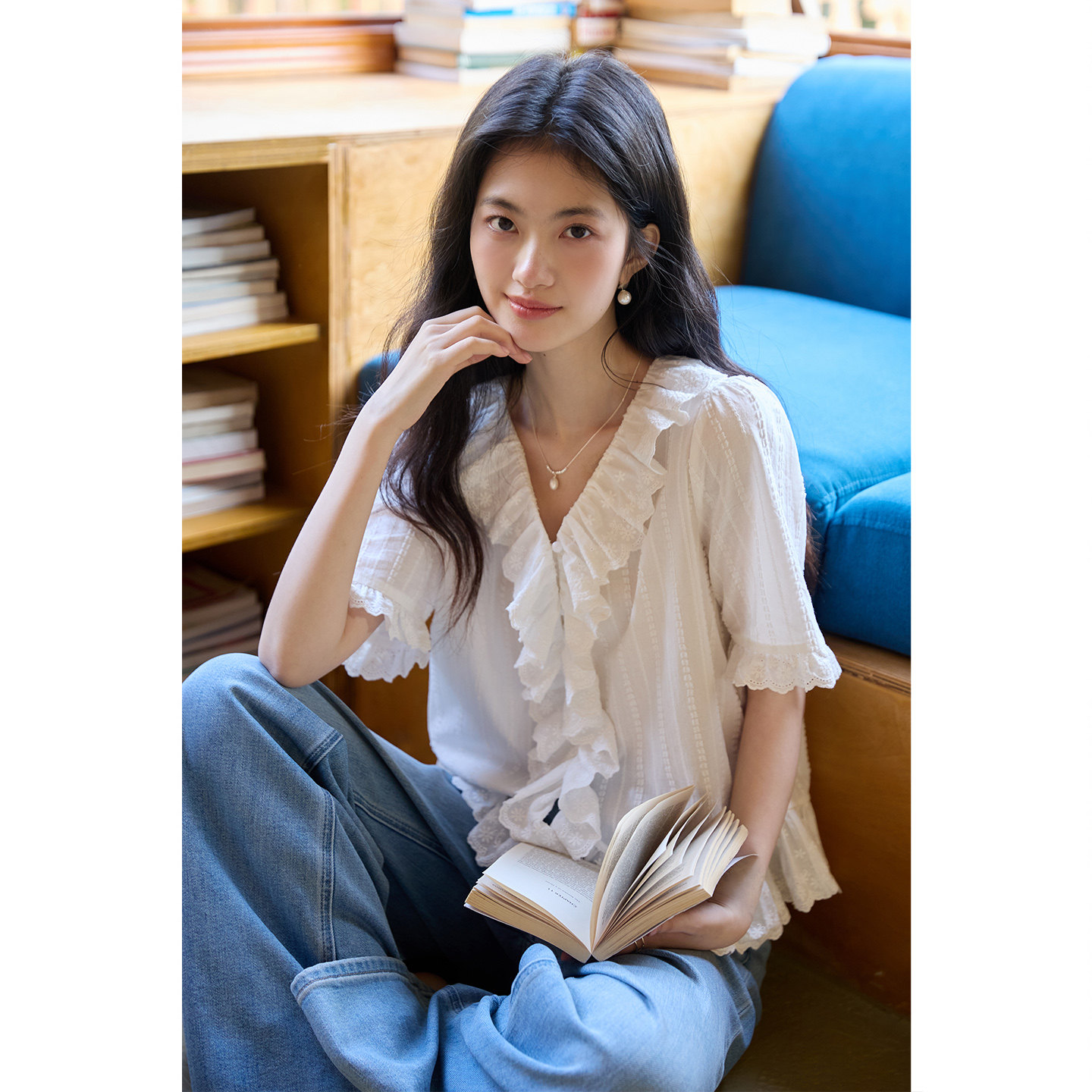 弥古法式白色条纹蕾丝娃娃衬衫女夏2026短袖设计感上衣泡泡袖衬衣