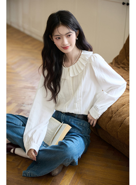 弥古法式白色娃娃领衬衫女打底衫长袖2025秋冬内搭泡泡袖衬衣上衣