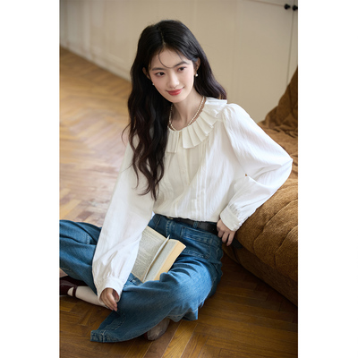 弥古正品法式白色娃娃领衬衫女