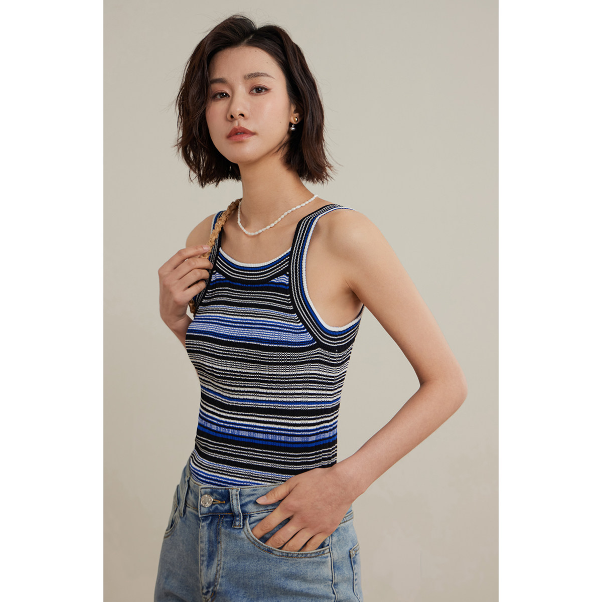 弥古蓝色条纹吊带针织背心女内搭春秋修身宽肩带打底显瘦短款上衣