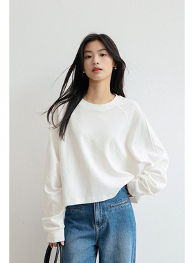 弥古白色插肩袖长袖短款卫衣t恤女春秋高级感小个子宽松休闲上衣