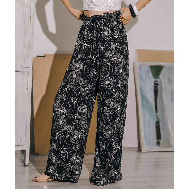 弥古波西米亚黑色冰丝阔腿裤女夏薄款雪纺花苞裤长裤高腰垂感裤子