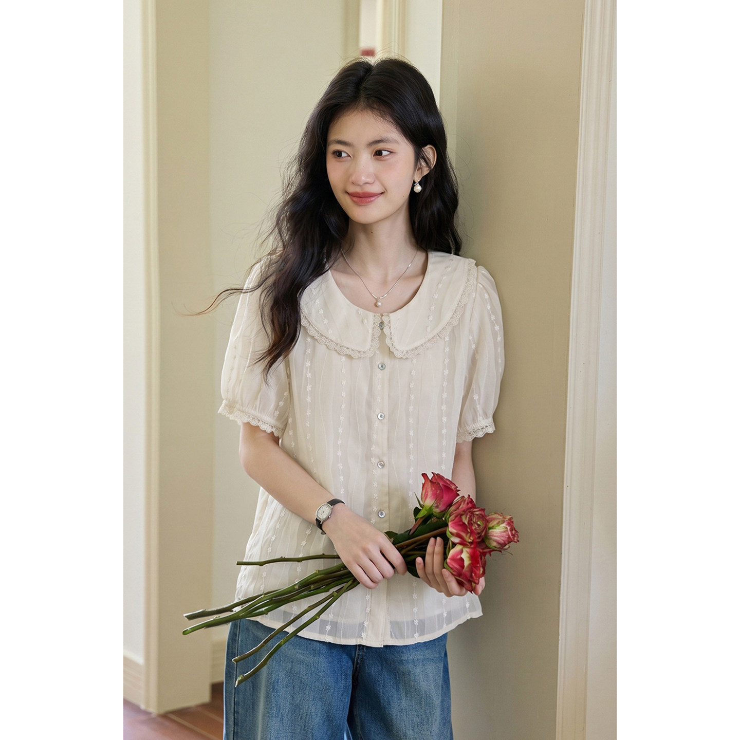 弥古正品短袖法式衬衫上衣女