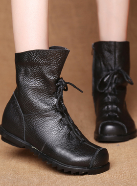2019新款春秋手工系带褶皱民族风真皮女靴牛皮低跟舒适骑士靴短靴