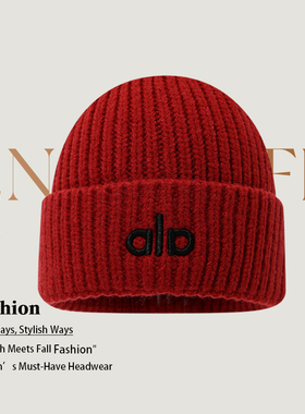2025新款alo红色针织帽子女秋冬季刺绣时尚保暖情侣字母毛线冷帽
