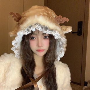 圣诞鹿角帽子女冬季可爱麋鹿毛绒帽保暖防寒护耳帽显脸小雷锋帽潮