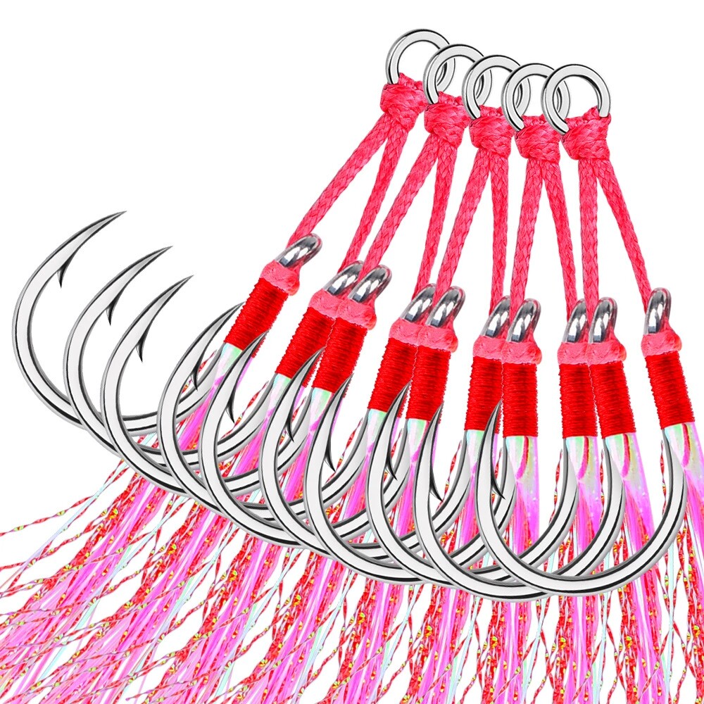 铁板双钩血槽钩绑鱼皮亮丝 海钓船钓慢摇铁板 绑毛路亚鱼钩2对/包