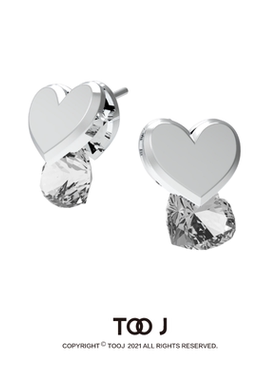 TooJewelry之二 镀金镶嵌红色桃心耳钉白色锆石耳夹镀银合金男女