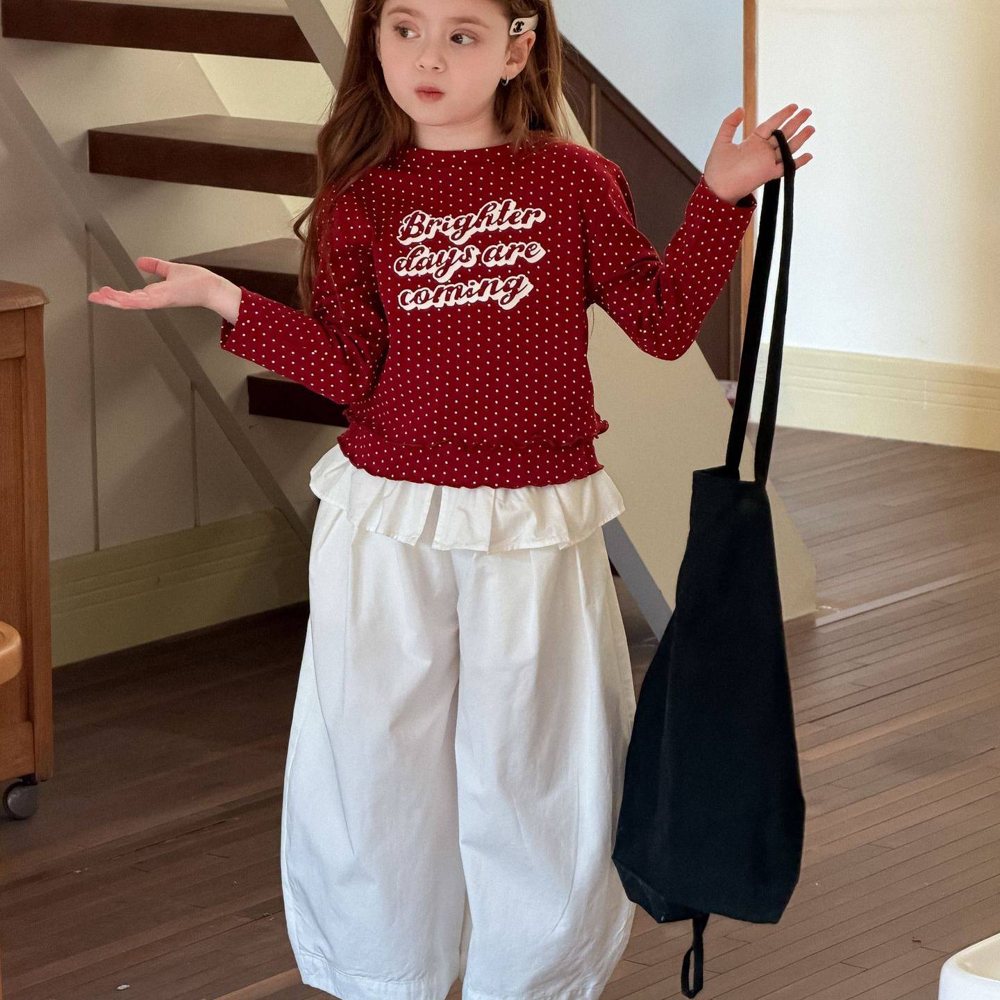 童装女童荷叶边屁帘弯刀裤春季中小童宝宝花边纯棉阔腿裤休闲长裤