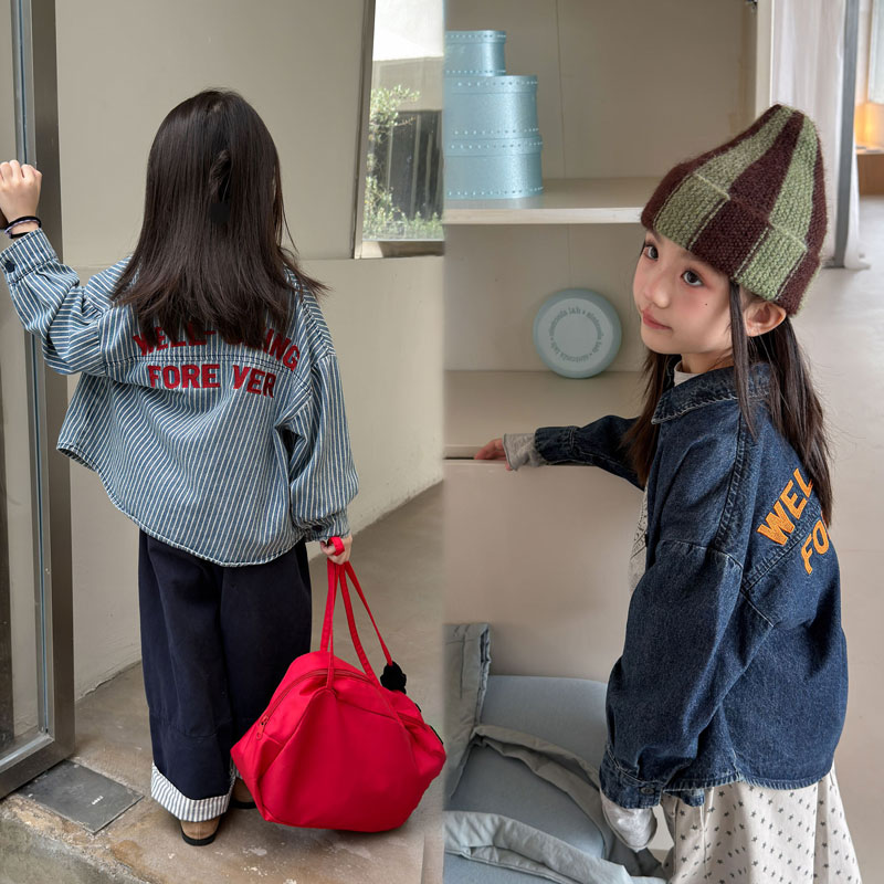 女童牛仔衬衫春秋新款洋气字母印花长袖上衣外套儿童休闲百搭衬衣