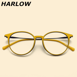 磨砂黄色眼镜框男女复古潮素颜近视可配度数圆脸一体式 鼻托眼镜架