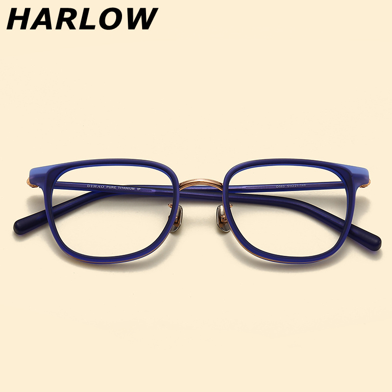 蓝色纯钛高度数手工近视眼镜框潮