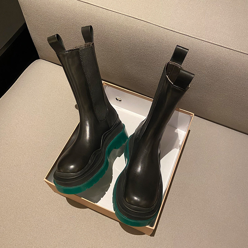 첼시 부츠 여성 2023 봄 가을 겨울 새로운 스타일  가죽 굴뚝 부츠 중반 종아리 두꺼운 밑창 짧은 부츠 플러스 벨벳 마틴 부츠