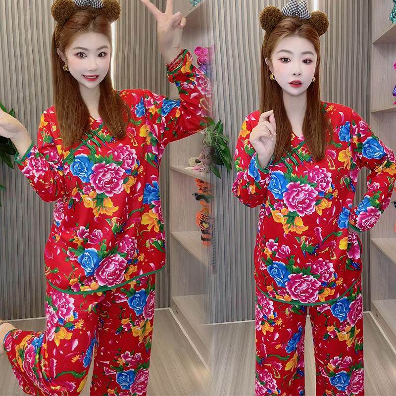 德绒网红同款盘扣民族风睡衣女秋冬季东北大花布长袖家居服两件套