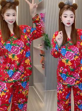 德绒网红同款盘扣民族风睡衣女秋冬季东北大花布长袖家居服两件套