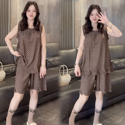 韩版棉绸花边背心睡衣女夏薄款短裤套装宽松大码学生家居服可外穿