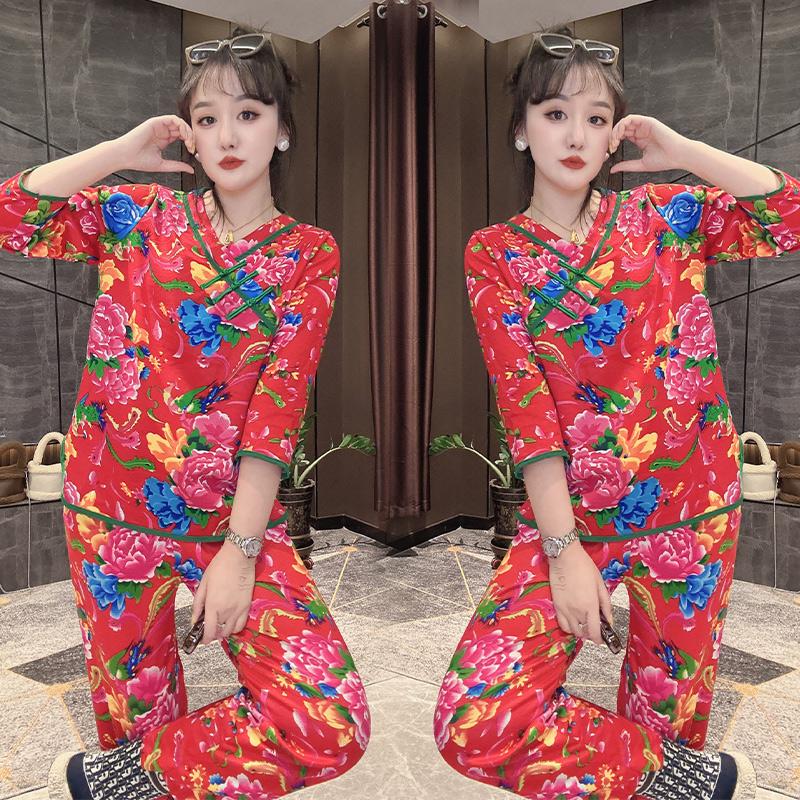 2025年新款睡衣女秋冬本命年红色东北大花家居服套装宽松大码国风