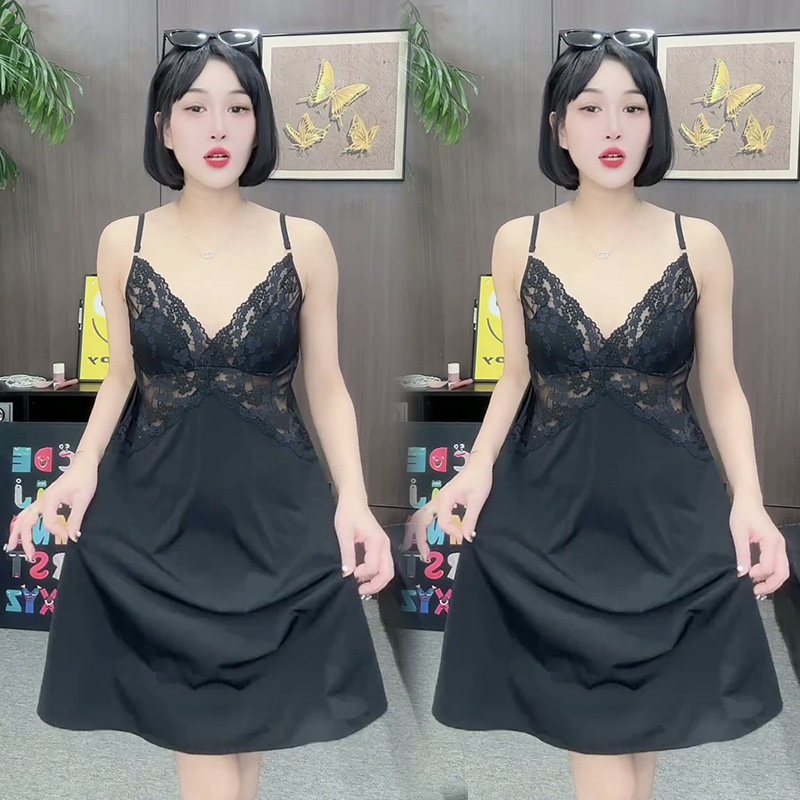 纯欲风性感吊带睡裙女夏带胸垫蕾丝花边宽松大码露背高级感家居服