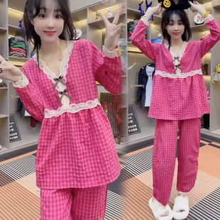 棉麻格子长袖睡衣女2025年秋冬新款宽松大码学生家居服两件套胖mm