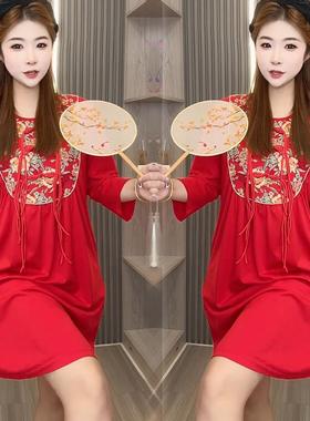 新中式本命年红色国风睡裙女秋冬2025新年复古显瘦宽松大码家居服