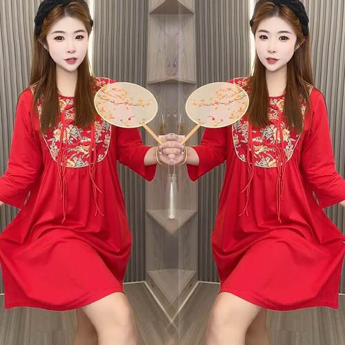 新中式本命年红色国风睡裙女秋冬2025新年复古显瘦宽松大码家居服