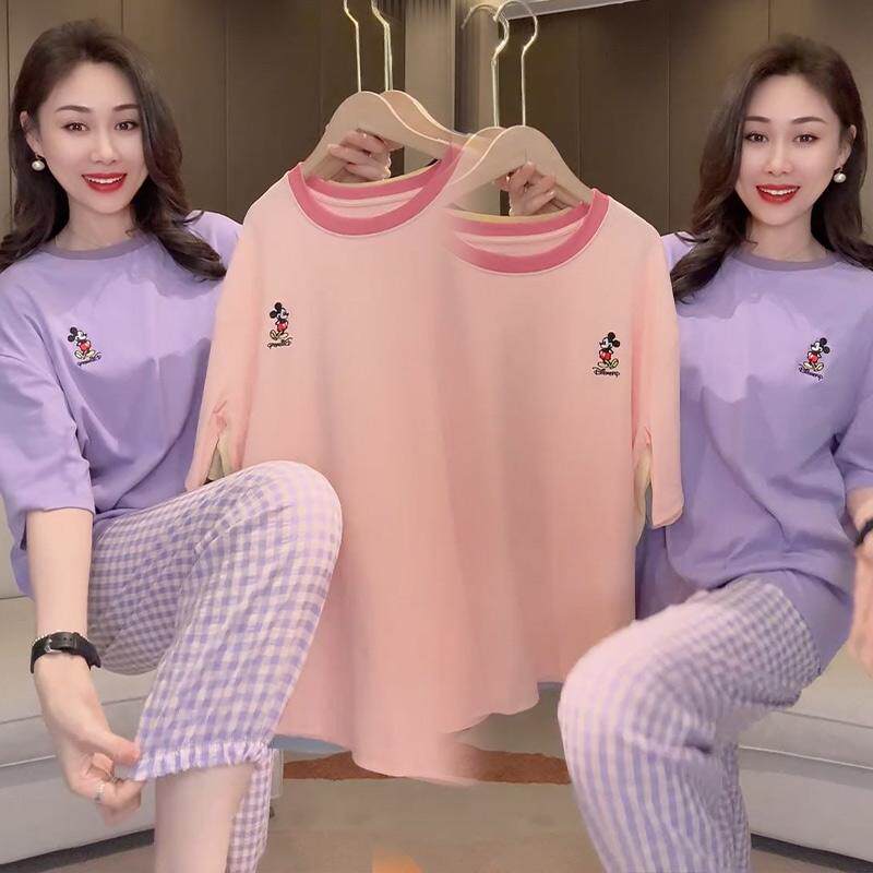 新款米奇家居服可外穿套装格子睡裤舒适睡衣女春夏宽松韩版女大码