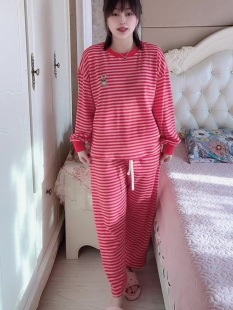 圆领套头条纹长袖睡衣女大码宽松春秋冬兔子刺绣休闲家居服可外穿