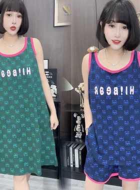 宽松大码无袖T恤背心睡裙女夏薄款甜美中长款睡衣家居服套装学生