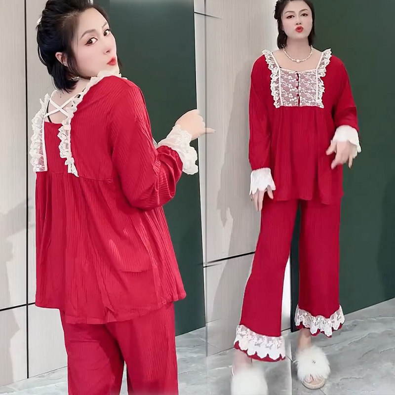 显瘦方领长袖睡衣女秋冬宽松大码蕾丝拼接莫代尔家居服韩版两件套
