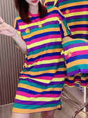 网红爆款 家居服可外穿 圆领条纹宽松大码 韩版 彩虹条棉质睡裙女夏季