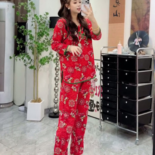2026新中式 宽松保暖家居服套可外穿 德绒睡衣女冬红色本命年七分袖