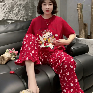 家居服套装 红色卡通马上发财睡衣女秋冬季 纯棉宽松本命年2026新款