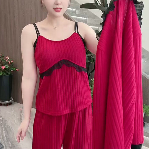 睡衣女秋冬磨毛针织吊带三件套带胸垫红色本命年家居服套装可外穿