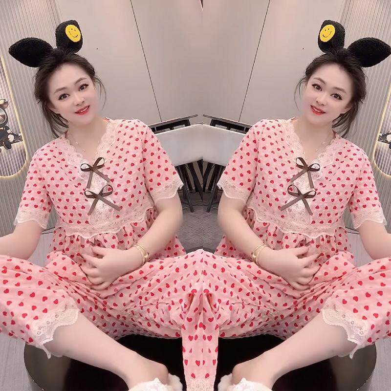 韩版ins甜美短袖睡衣女春夏新款棉麻薄料宽松大码波点网红家居服