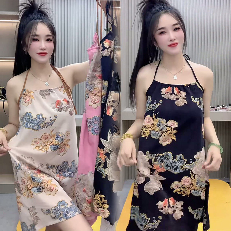 新中式提花肚兜国风宽松大码睡裙女夏薄款减龄性感吊带家居服睡裙